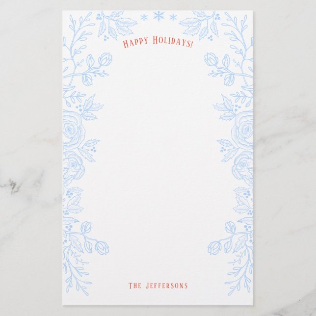 Happy Holidays Modern Blue Red Floral Kontur Briefpapier (Vorderseite)