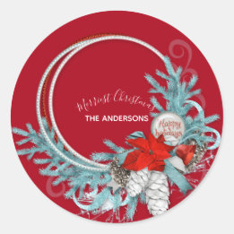 Happy Holidays Modern Chic Red Pine Wreath Runder Aufkleber