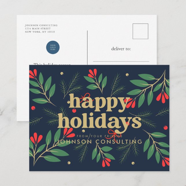 Happy Holidays Modern Foliage Botanisches Budget Ankündigungspostkarte (Vorne/Hinten)