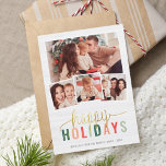 Happy Holidays Modern Gold Script 4 Foto Collage Feiertagskarte<br><div class="desc">Gute Ferien! Ein modernes Design mit vier Ihrer Lieblings-Fotos aus diesem Jahr in einer einfachen Collage-Layout. Unten steht "glücklich" in schicken goldenen Schriften und "URLAUB" darunter in Grün, Rosa, Rot und Minze. Ihr Familienname und das Jahr erscheinen am Ende der Karte in klaren Hauptstädte. Der Hintergrund ist ein weißes Holzbild...</div>