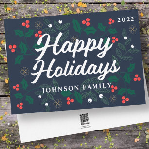 Happy Holidays Modern Holly Berries Foliage Feiertagskarte