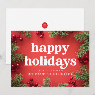 Happy Holidays Modern Holly Berry Pine Needles Red Ankündigung