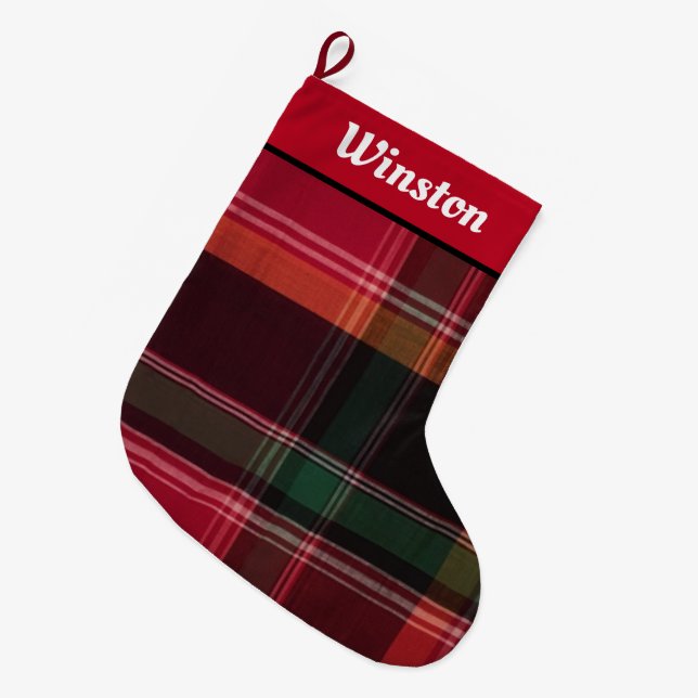 Happy Holidays Modern Madras Kariert Personalize Großer Weihnachtsstrumpf (Vorderansicht (hängend))