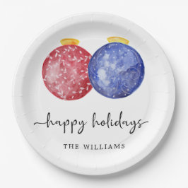 Happy Holidays Modern Red Blue Ornaments Einfach Pappteller