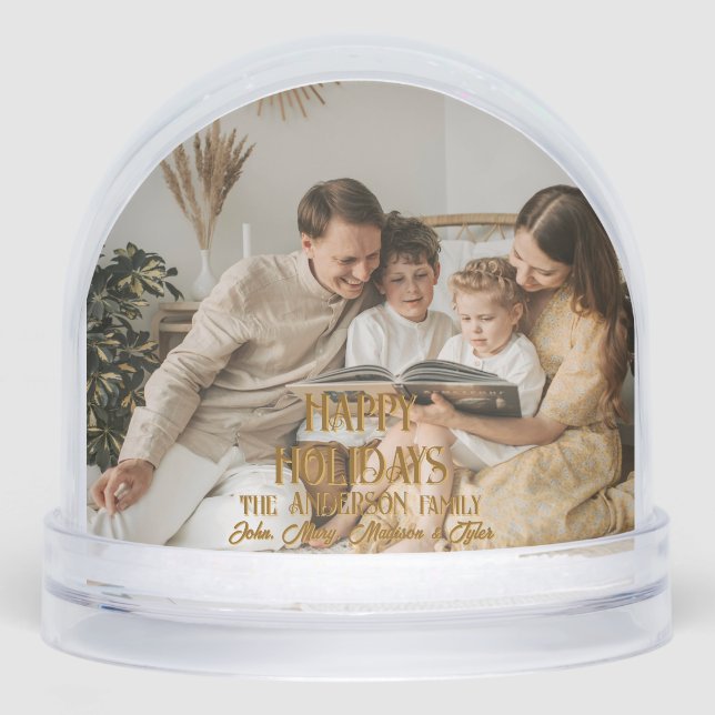 Happy Holidays Modern Script Personalized Photo Schneekugeln (Vorderseite)