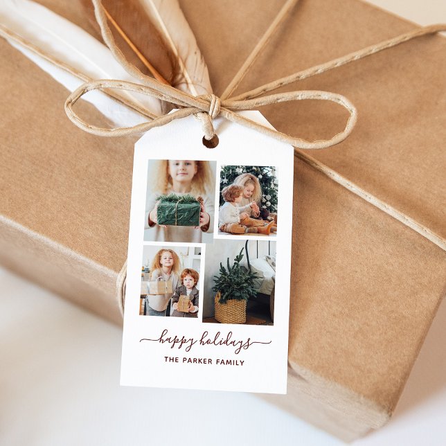 Happy Holidays | Moderne vier FotoCollage Geschenkanhänger (A modern four-photo grid gift tag that says "happy holidays")