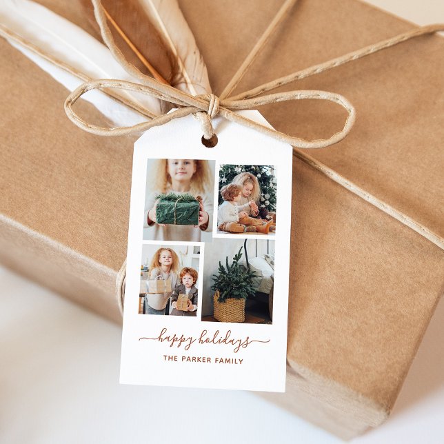 Happy Holidays | Moderne vier FotoCollage Geschenkanhänger (A modern four-photo grid gift tag that says "happy holidays")