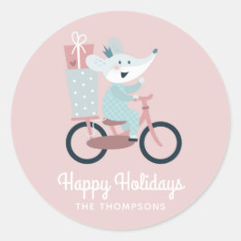 Happy Holidays Mouse Reiten Fahrrad Personalisiert Runder Aufkleber