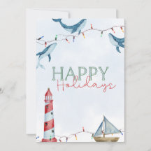 Happy Holidays - Nautical Whale & Lighthouse