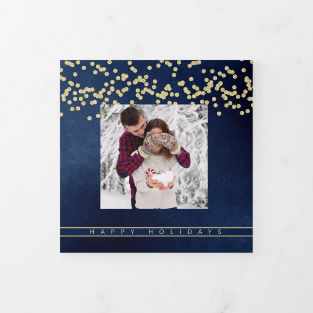 Happy Holidays Navy und Gold Family Foto Collage Dreifach Gefaltete Urlaubskarte (Cover)