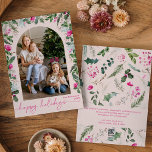 Happy Holidays Niedlich Blush Pink Greenery Arch F Feiertagskarte<br><div class="desc">Diese Kollektion besticht durch leuchtend rosa Aquarellen,  Beeren und Wintergrün mit moderner und eleganter Typografie,  die im Winter mit botanischen Mustern geschmückt ist.</div>