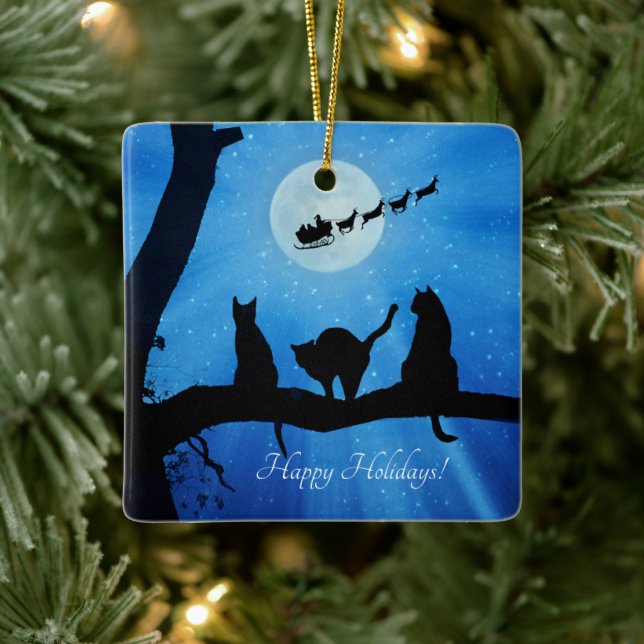 Happy Holidays Niedlich Cat and Santa Keramikornament (Baum)