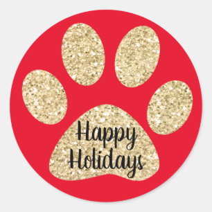Happy Holidays Niedlich Gold Glitzer Paw Print Red Runder Aufkleber