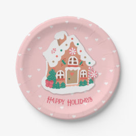 Happy Holidays Niedlich Pink Snowy Gingerbrot Hous Pappteller