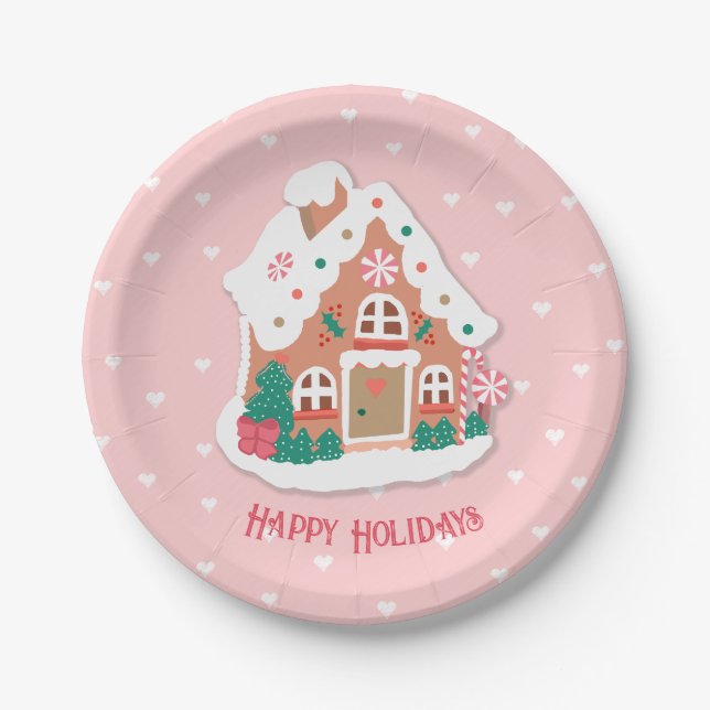 Happy Holidays Niedlich Pink Snowy Gingerbrot Hous Pappteller (Vorderseite)