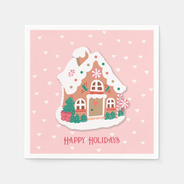 Happy Holidays Niedlich Pink Snowy Gingerbrot Hous Serviette (Vorderseite)