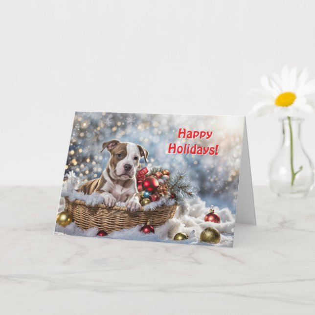 Happy Holidays Niedlich Pitbull Puppy Dog in Baske Karte (Kleine Pflanze)