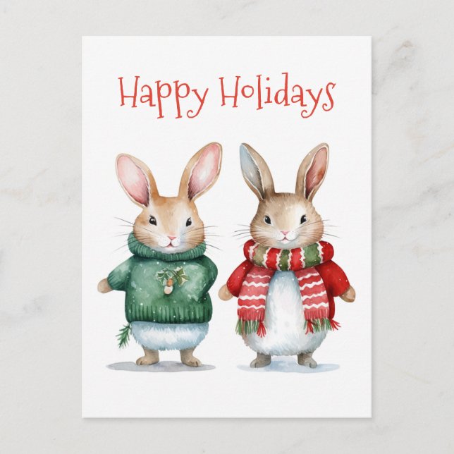 Happy Holidays - Niedliche Winter Bunnies - Weihna Postkarte (Vorderseite)