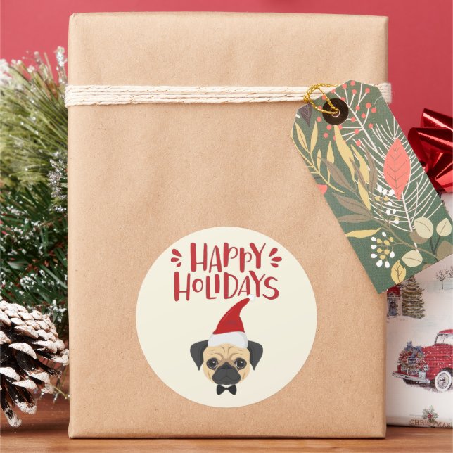 Happy Holidays - Niedlicher Mops Weihnachten Runder Aufkleber (Feiertag)