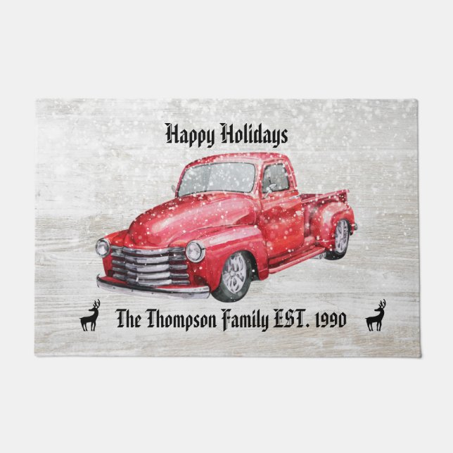 Happy Holidays niedlicher roter LKW Schneefall Fam Fußmatte (Vorderseite)