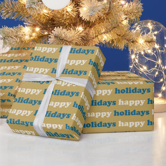 Happy Holidays | Niedliches Blau- und Goldtextmust Geschenkpapier (Feiertage)
