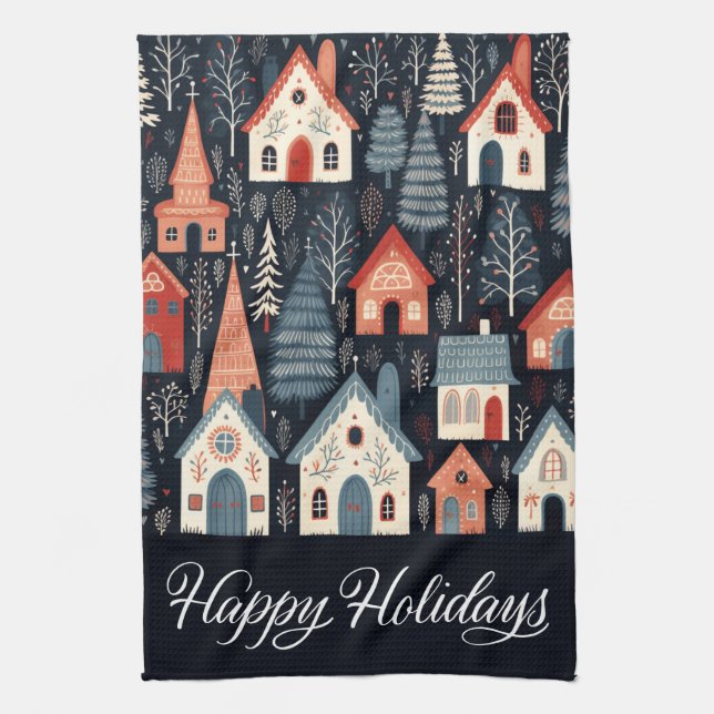 Happy Holidays Nordic Christmas Village Pattern Geschirrtuch (Vertikal)