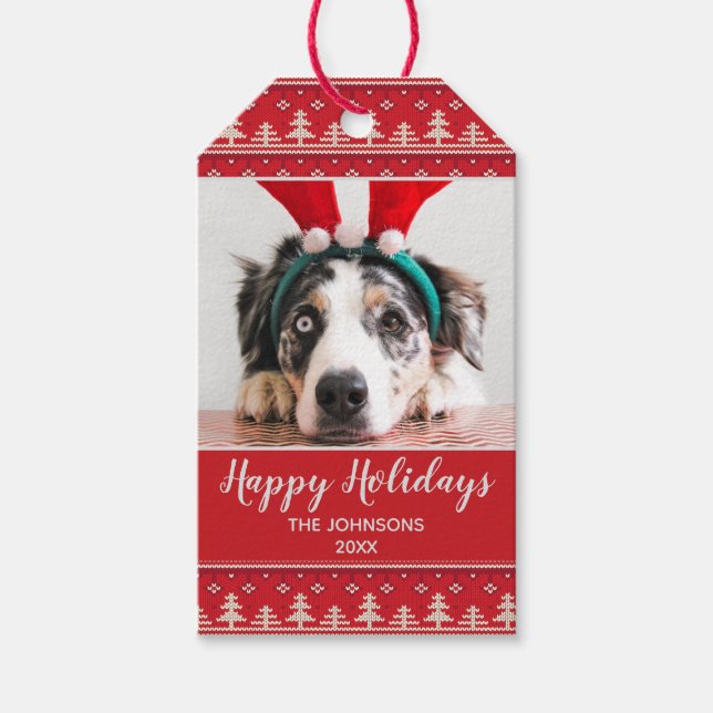 Happy Holidays Nordic Pattern Foto Geschenkanhänger (Vorderseite)