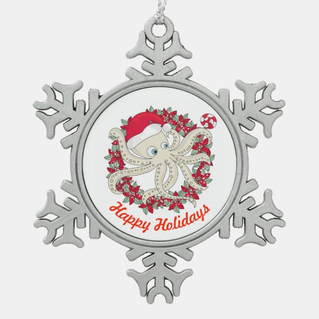 Happy Holidays Octopus Schneeflocken Zinn-Ornament (Vorderseite)