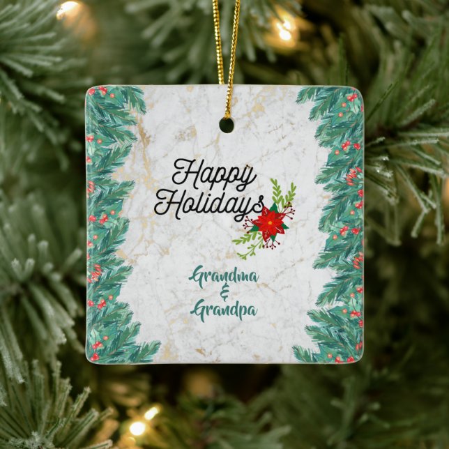 Happy Holidays Oma und Opa auf Marmor Keramikornament (Baum)