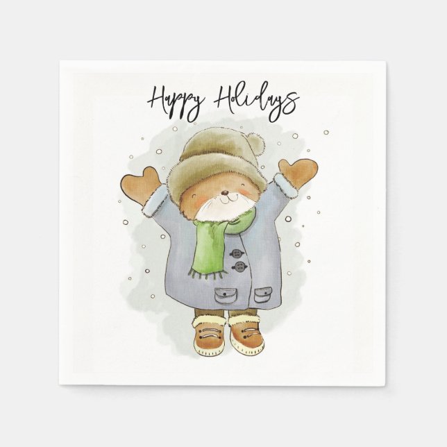 Happy Holidays Paper Napkins Cat Kitten Snow  Serviette (Vorderseite)