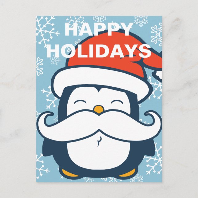 Happy Holidays Penguin Mustache Trend Feiertagspostkarte (Vorderseite)