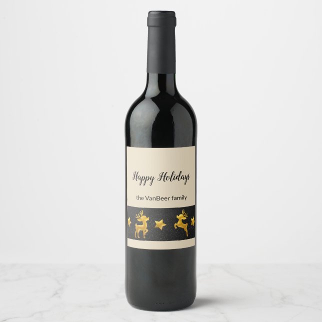 Happy Holidays Personalisiert Gold Rentier Weinetikett (Vorderseite)