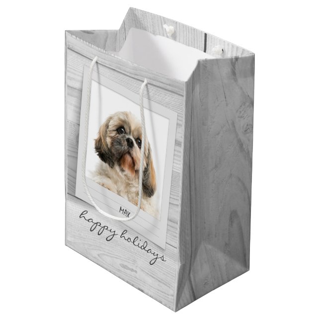 Happy Holidays Pet Foto Rahmen Personalisiert Mittlere Geschenktüte (Vorderseite Schrägansicht)