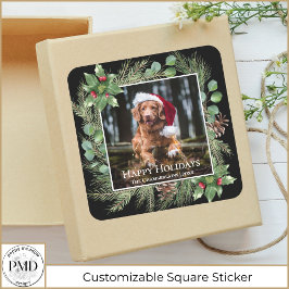 Happy Holidays Pet Photo Wreath  Quadratischer Aufkleber