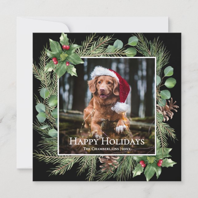 Happy Holidays Pet Photo Wreath Square Card (Vorderseite)