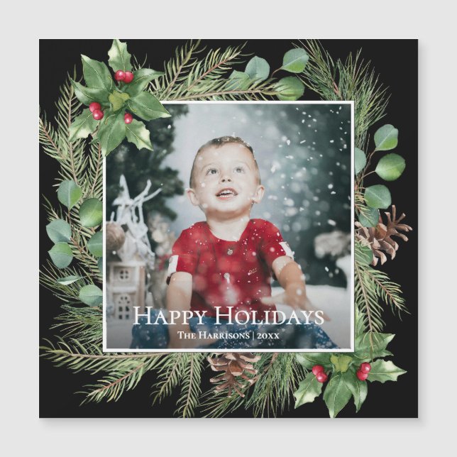 Happy Holidays Photo Greenery Square Magnetic Card Magnetkarte (Vorderseite)