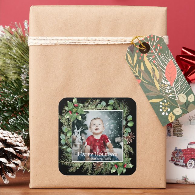 Happy Holidays Photo Greenery Square Quadratischer Aufkleber (Feiertag)