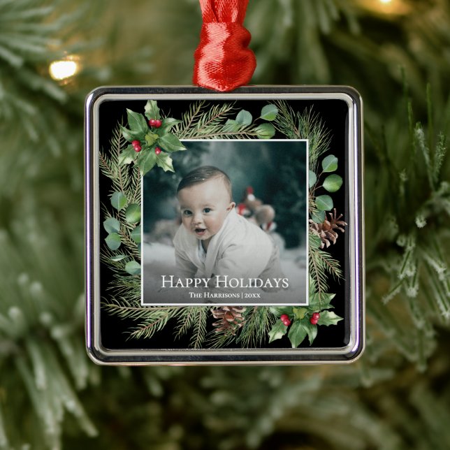 Happy Holidays Photo Wreath Botanical Christmas Ornament Aus Metall (Baum)