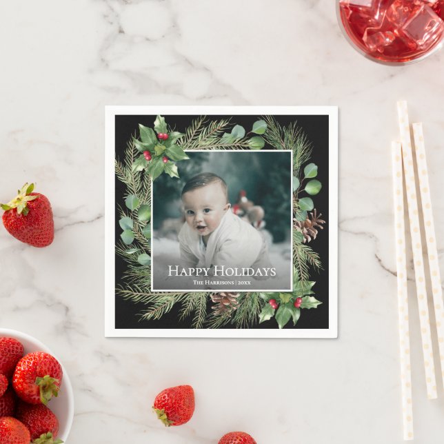 Happy Holidays Photo Wreath Botanical Christmas Serviette (Beispiel)