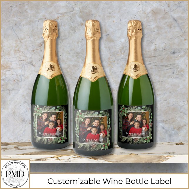 Happy Holidays Photo Wreath Greenery  (Happy Holidays Photo Wreath Greenery Botanical Sparkling Wine Bottle Label with Name, Year, Photo.)
