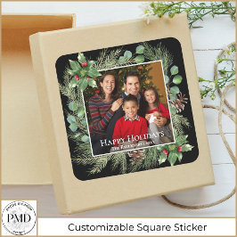 Happy Holidays Photo Wreath Greenery  Quadratischer Aufkleber