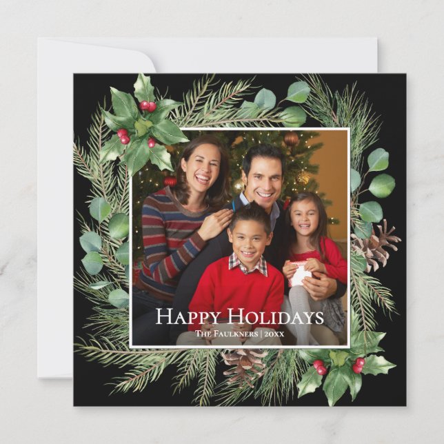 Happy Holidays Photo Wreath Greenery Square Card (Vorderseite)