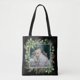 Happy Holidays Photo Wreath Greenery Square Tasche