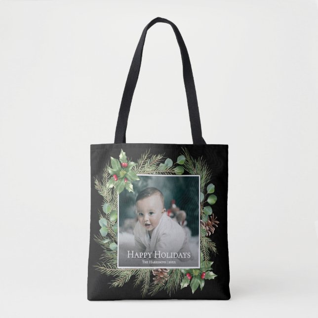 Happy Holidays Photo Wreath Greenery Square Tasche (Vorderseite)