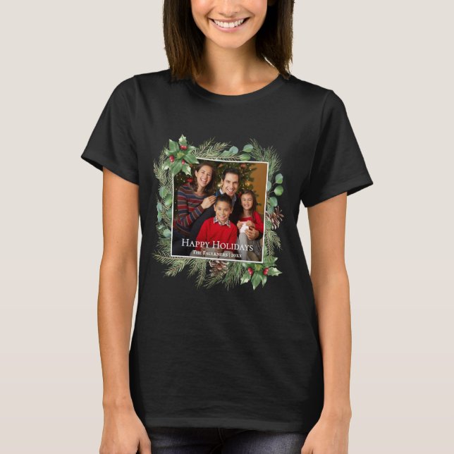 Happy Holidays Photo Wreath Greenery  T-Shirt (Vorderseite)