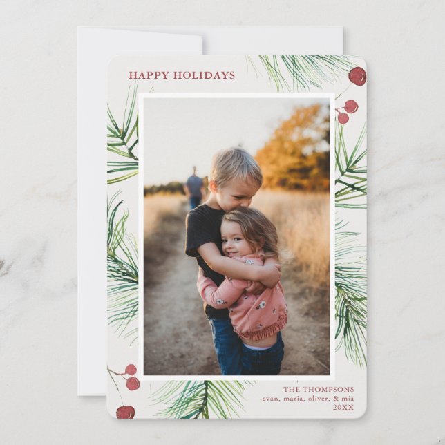 Happy Holidays Pine Berries Foto Feiertagskarte (Vorderseite)
