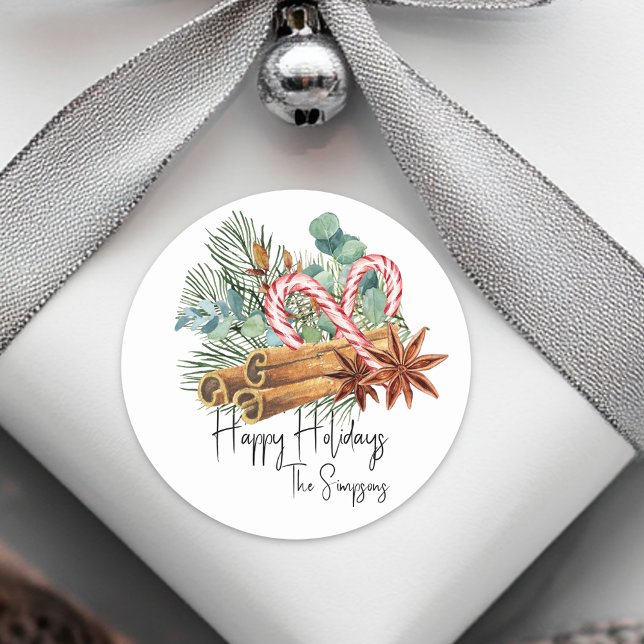 Happy Holidays Pine Candy Cane Bouquet Runder Aufkleber (Von Creator hochgeladen)