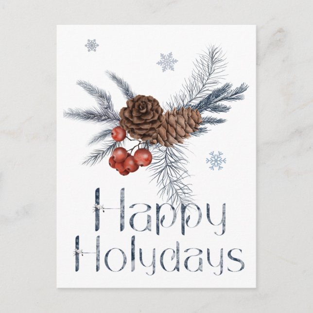Happy Holidays Pine Cones and Red Berries Postkarte (Vorderseite)