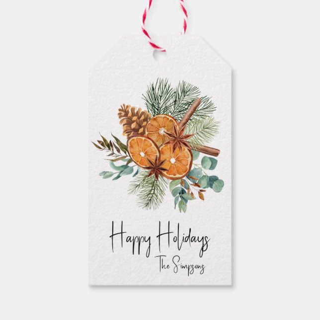 Happy Holidays Pine Orange Gewürz Bouquet Geschenkanhänger (Rückseite)