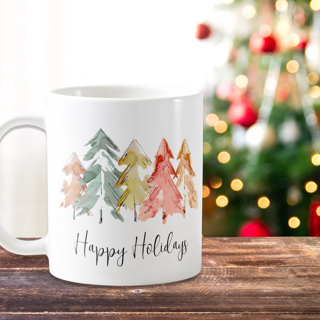 Happy Holidays Pine Tree Wasserfarben Weihnachten Kaffeetasse (Von Creator hochgeladen)